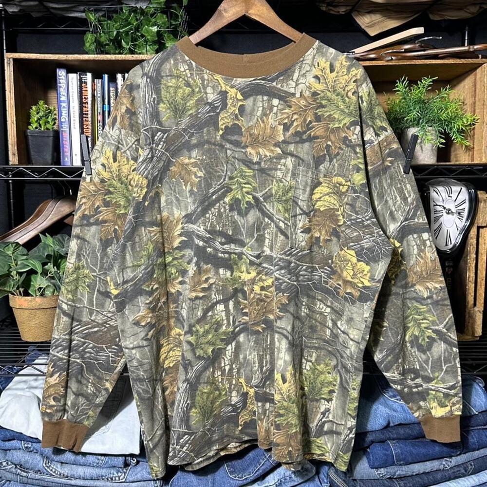 Vintage 90s Camo Long Sleeve Ringer Tee Brown and Green Camouflage Shirt Mens XL